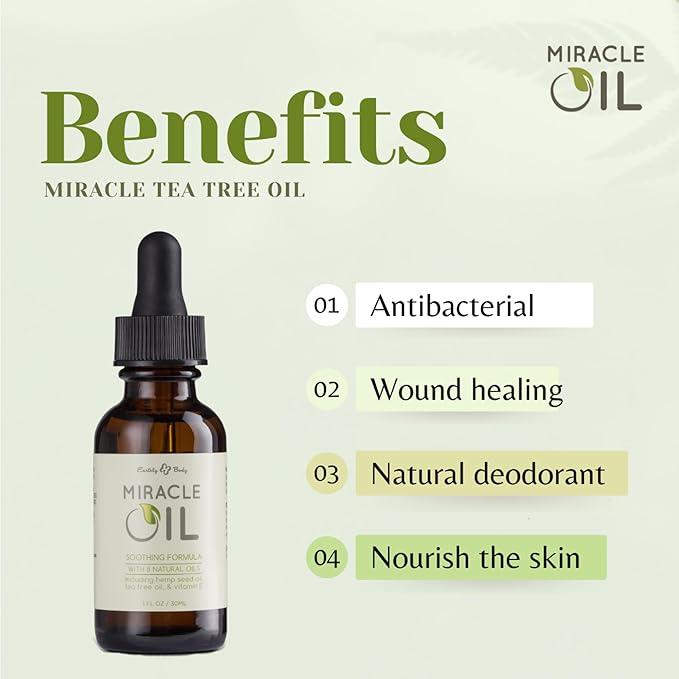 Earthly Body Miracle Oil, 1 fl. oz. - 3 Pack - 100% Natural Tea Tree Oil, Hemp Seed Oil & Vitamin E - Moisturizer, Calms Skin Irritations, Helps Smooth Wrinkles - Gluten Free, 100% Vegan