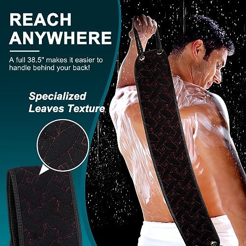 Exfoliating Back Scrubber for Use in Shower, 38.5 Inch Back Washer with Handles, Dual-Sided Body Exfoliator for Daily & Deep Skin Cleaning, Bath Back Scrub Washcloth for Men & Women (Black)