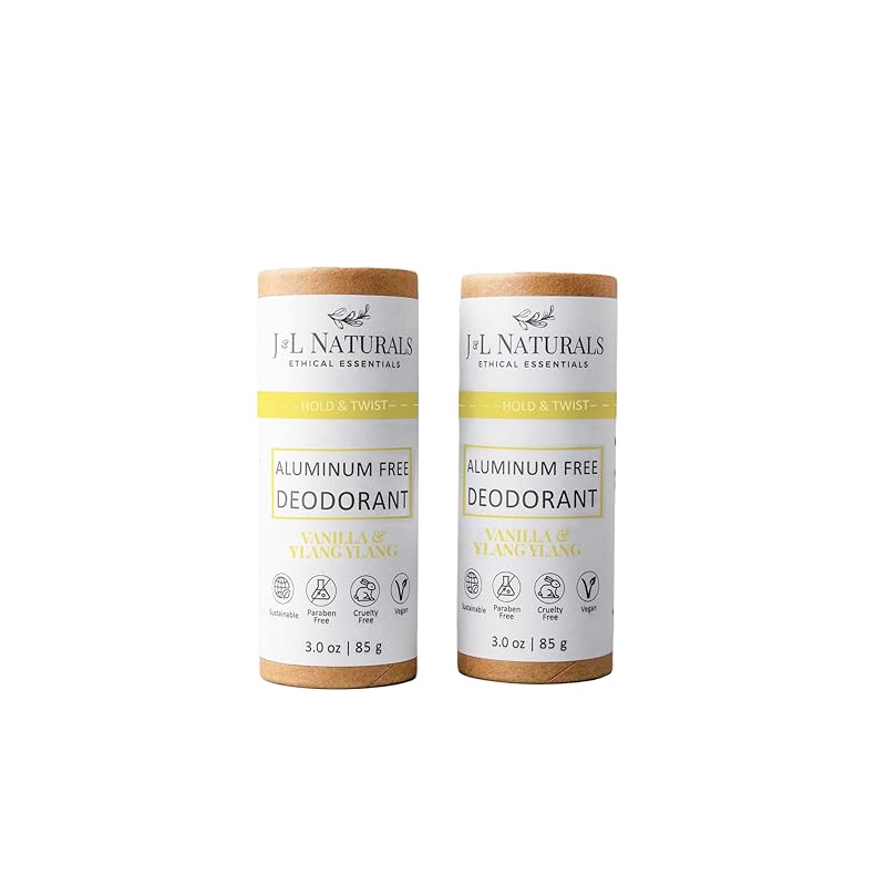 J&L Naturals Aluminum Free Deodorant for Men & Women | 100% Natural Ingredients With Coconut Oil, Shea Butter, & Essential Oils | Sustainable, Eco-Friendly (Vanilla & Ylang Ylang, 3.0 Oz (Pack of 2))
