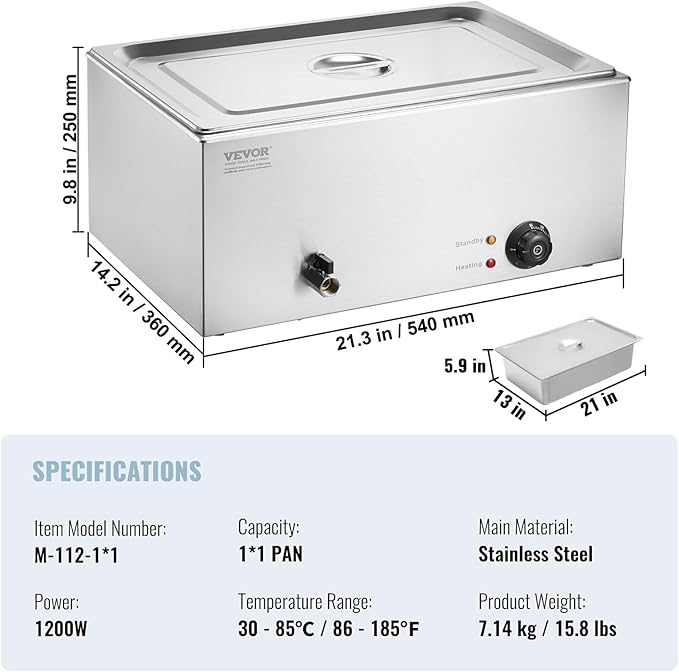 VEVOR Commercial Food Warmer, 1 Pan Electric Steam Table, 1200W Professional Countertop Stainless Steel Buffet Bain Marie with 86-185°F Temp Control for Catering and Restaurants, Silver