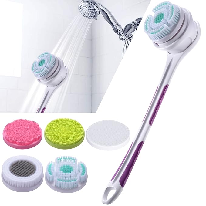 SoulBay Electric Body Brush with 5 Attachments: Rechargeable Back Brush IPX7 Long Handle Exfoliating Spin Scrubber for Shower Bathing Cleansing Wash Deep Cleaning