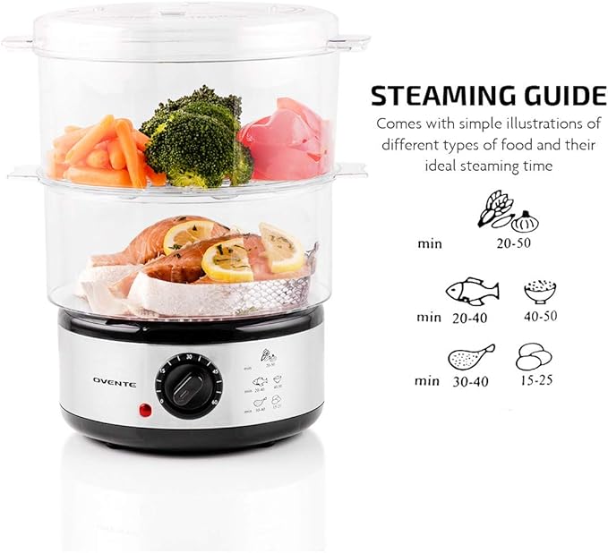 OVENTE 2 Tier Electric Food Steamer for Cooking Vegetables, Stainless Steel Base, Stackable and Dishwasher Safe Baskets, 400W with Auto Shutoff and 60-Minute Timer, 5 Quart Capacity, Silver FS62S