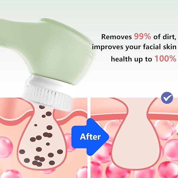 Vibrating and Rotating Face Scrubber, Waterproof Rechargeable Facial Cleansing Brush, 8 Modes for Exfoliating and Massaging, Face Wash Brush for Removing Blackhead(Matcha Green