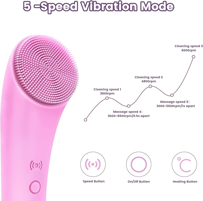 Facial Cleansing Brush, 2 in 1 Silicone Face Scrubber with Heat Massage End，Rechargeable Facial Exfoliation Brush, Waterproof Facial Scrubber for Deep Cleansing, Electric Face Brush for Women (Pink)