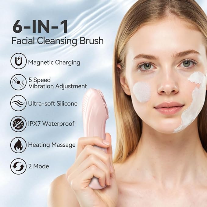 Facial Cleansing Brush, Silicone Face Scrubber with Heat and Vibration 5 Speeds, Waterproof Rechargeable Electric Face Scrub Brush for Men & Women, Deep Cleansing, Exfoliating and Massage (Pink)