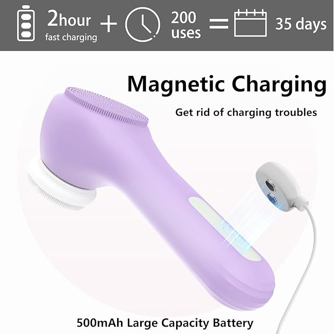 Vibrating and Rotating Face Scrubber, Waterproof Rechargeable Facial Cleansing Brush, 8 Modes for Exfoliating and Massaging, Face Wash Brush for Removing Blackhead(Taro Purple)