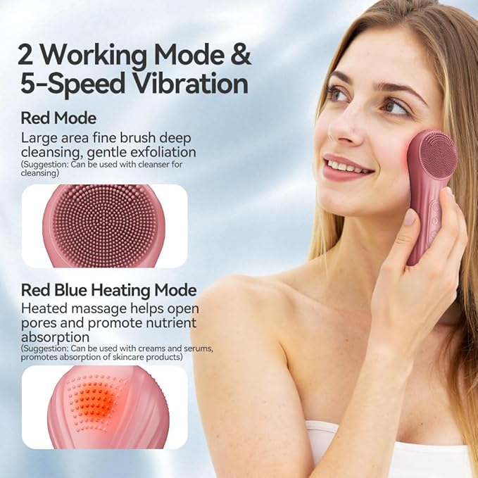Facial Cleansing Brush, Silicone Face Scrubber with Heat and Vibration 5 Speeds, Waterproof Rechargeable Electric Face Scrub Brush for Men & Women, Deep Cleansing, Exfoliating and Massage (Red)