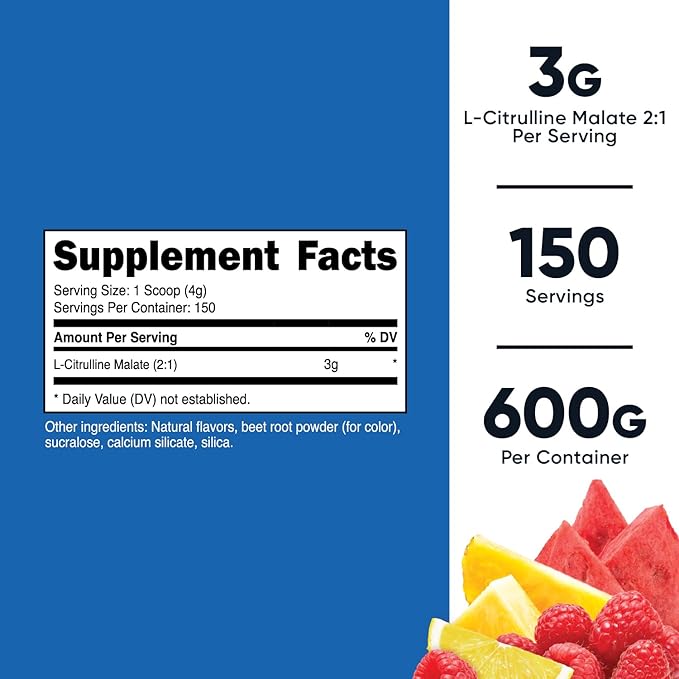 Nutricost L-Citrulline Malate 2:1 (600g) Fruit Punch - Workout Support, Muscle Performance, Nitric Oxide Booster - Fitness Supplement Powder, 75 Servings