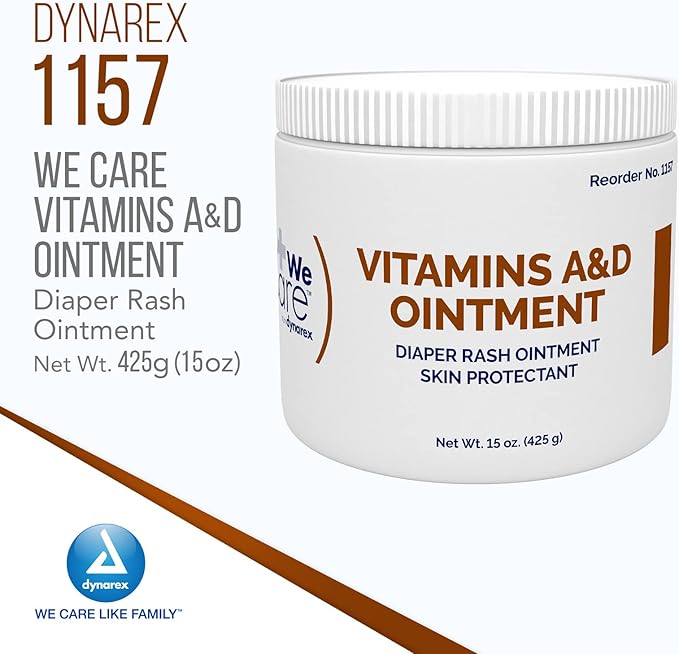 Dynarex Vitamins A & D Ointment, Ointment with Vitamin A and Vitamin D Skin Protectant, for Diaper Rash and Discomfort, White, 15 oz Jar