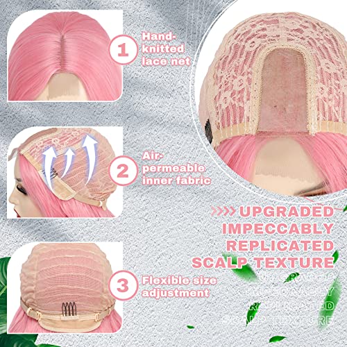 Cosplay Long Pink Wig 28 Inch Middle Part Synthetic Wig Realistic Gifts Party Wigs for Women Daily Use Colorful Wigs (Pink)
