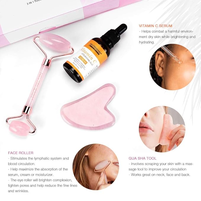 Neutriherbs Jade Gua Sha & Face Roller & Vitamin C Serum Facial Tool Set(3 in 1 Kit), Home Face Massager for Wrinkle,Fine Line,Puffiness,Firm Smooth Relax Skin - Pink
