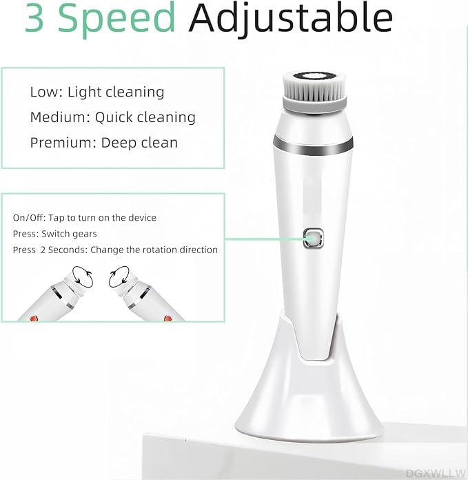 Facial Cleansing Brush Rechargeable, Electric Face Scrubber for Deep Cleansing, Exfoliating, Face Massaging, 3 Speeds Adjustable Water Resistant Face Brush Cleanser with 4 Brush Heads White