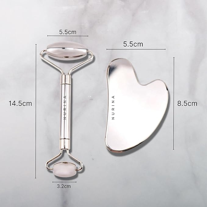 NURINA Pure Stainless Steel Ice Roller Face Roller & Gua Sha Set Double-Sided Facial Tools Face Massager Skin Care Set Gua Sha for Face Neck Body Anti-Wrinkle Facial Massage Kit