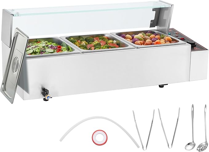VEVOR 3-Pan Commercial Food Warmer, 3 x 8QT Electric Steam Table with Glass Cover, 1500W Countertop Stainless Steel Buffet Bain Marie 86-185°F Temp Control for Catering, Restaurants, Silver