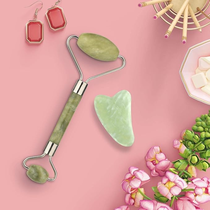 Jade Roller & Gua Sha Scraping Massage Tool By Diona Venus - Natural Jade Stone Set Anti-aging 100% Beauty Roller For Revitalizing & Reawakening Skin