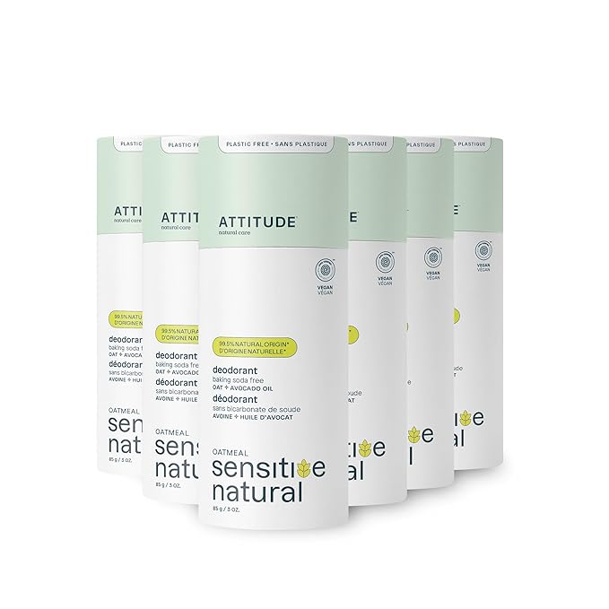 ATTITUDE Baking Soda Free Deodorant for Sensitive Skin with Oatmeal and Avocado Oil, EWG Verified, Aluminum Free, Plastic-Free, 3 Ounces (Pack of 6)