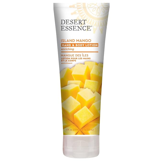 Desert Essence, Island Mango Hand & Body Lotion 8 fl. oz. - Gluten Free - Vegan - Cruelty Free - Mango Seed Butter, Passion Flower & Organic Shea Butter - Luscious & Rich - Tropical Island Scent