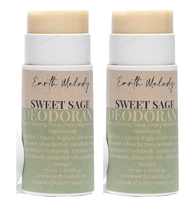 Earth Melody Natural Deodorant Baking Soda Aluminum Free - 24 Hour Odor Protection Plastic-free package, Set of 2 Sweet Sage Scented - NEW PACKAGING AND SIZE UPGRADE