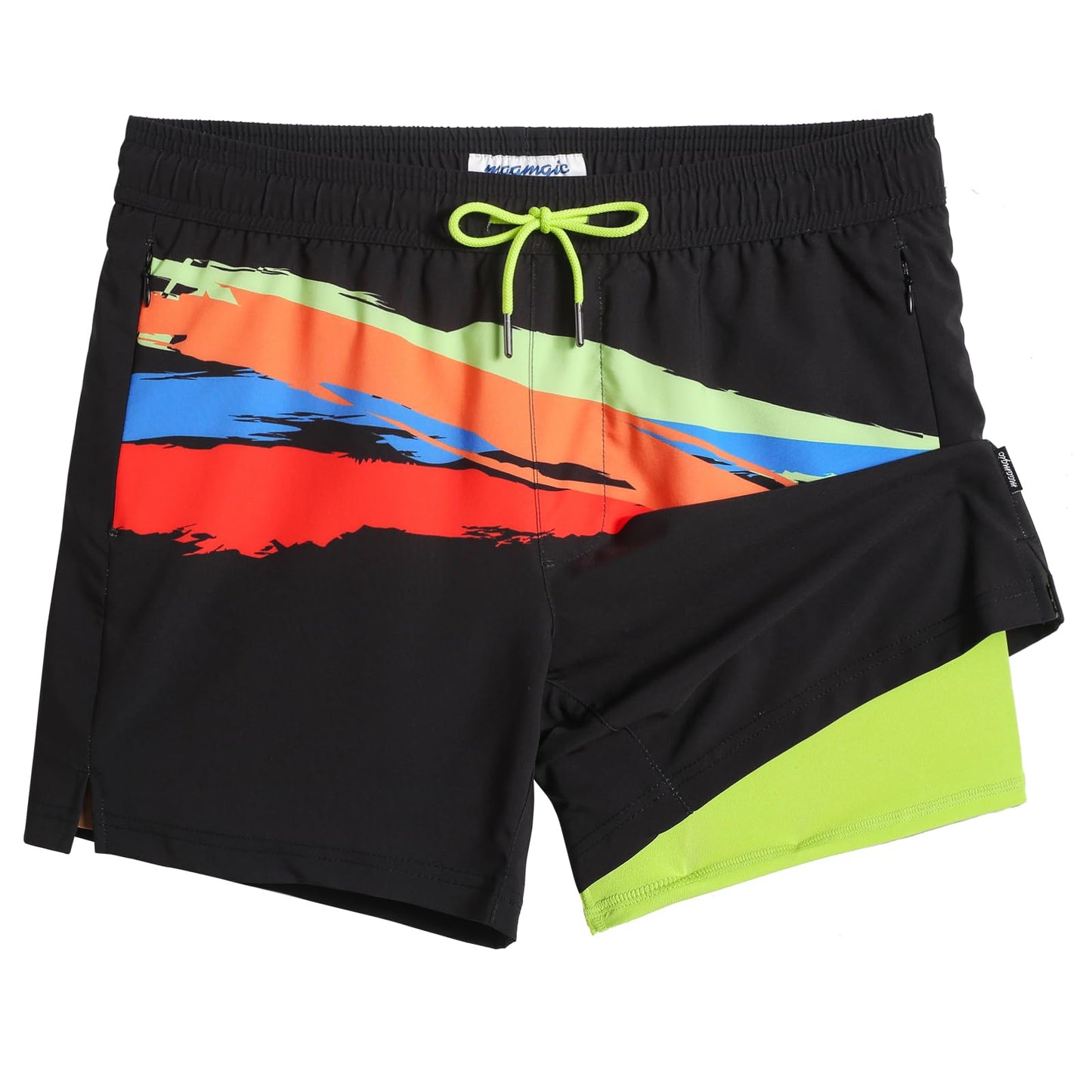 maamgic Mens Swim Trunks with Compression Liner 5" Stretch Athletic Swimming shorts Quick Dry with Zipper Pockets No-Chafing Board Shorts Black-Chase The Color X-Small