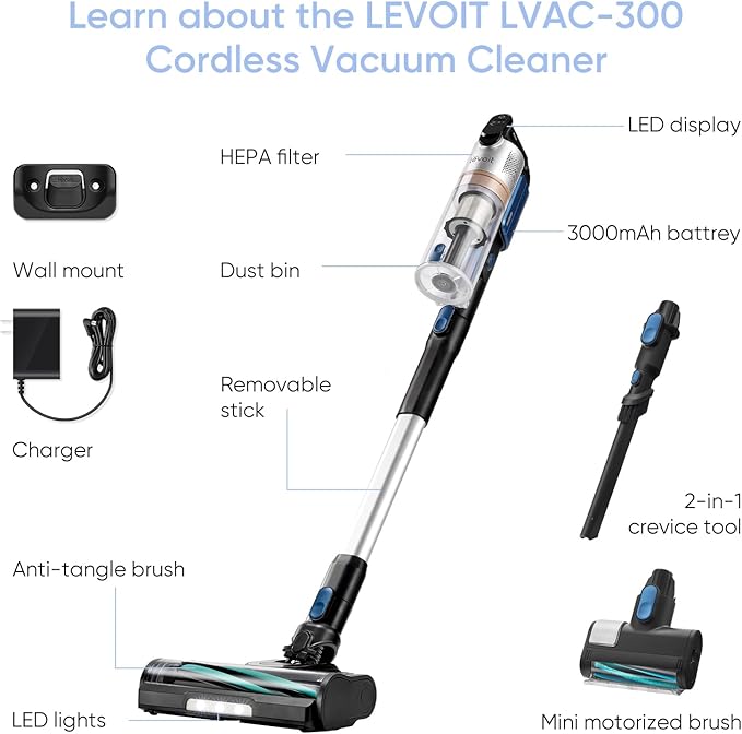 LEVOIT Cordless Vacuum Cleaner with HEPA Filter, Stick Vac with Tangle-Resistant Design, Up to 60 Mins, Powerful Suction, Lightweight, Mini Motorized Brush, for Carpet, Hard Floor, Pet Hair, LVAC-300