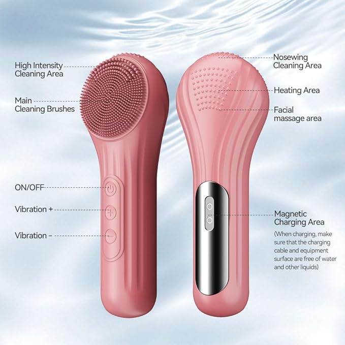 Facial Cleansing Brush, Silicone Face Scrubber with Heat and Vibration 5 Speeds, Waterproof Rechargeable Electric Face Scrub Brush for Men & Women, Deep Cleansing, Exfoliating and Massage (Red)