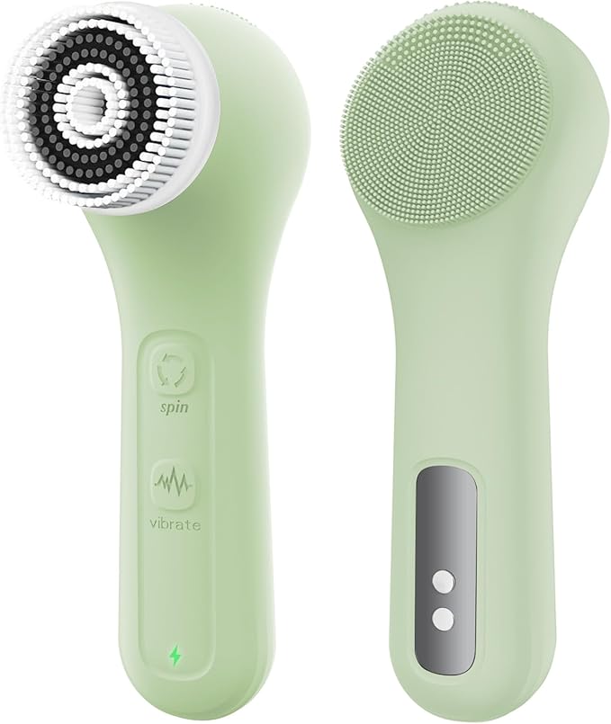 Vibrating and Rotating Face Scrubber, Waterproof Rechargeable Facial Cleansing Brush, 8 Modes for Exfoliating and Massaging, Face Wash Brush for Removing Blackhead(Matcha Green