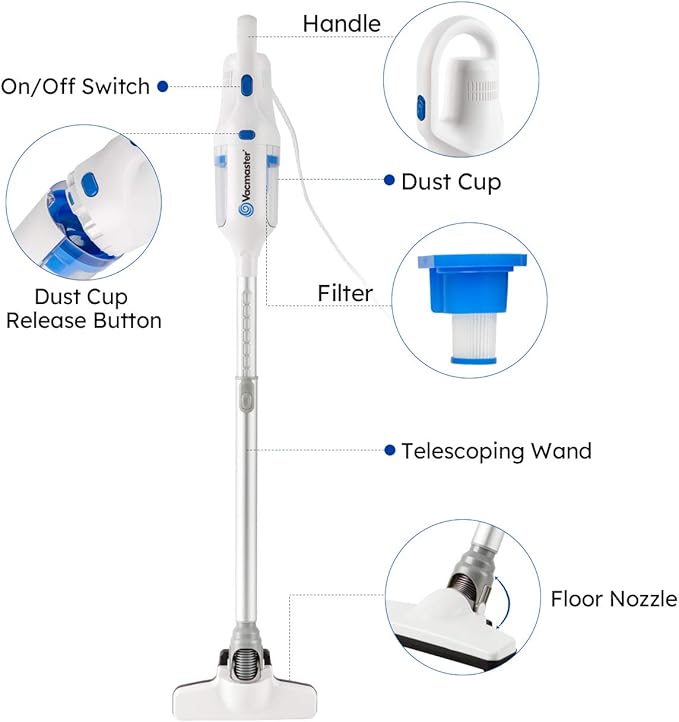 Vacmaster Corded Stick Vacuum Cleaner 2 in 1 Ultra-Lightweight 14Kpa Power Suction Handheld Vacuum Cleaner with Washable HEPA Filter for Home, Car, Pet Hair, Carpet, Hard Floor