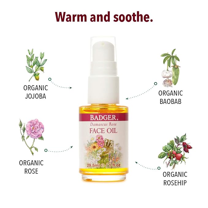 Badger Rose Face Oil, 100% Organic Face Moisturizer, Nourishing & Soothing Organic Jojoba Oil & Rose Oil, Vegan Antioxidant Rich Moisturizing Facial Oil, 1 fl oz Glass Bottle