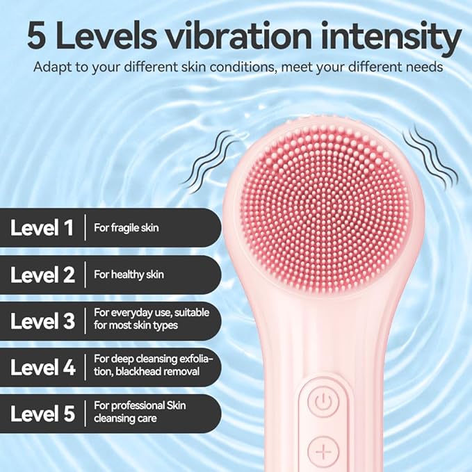 Facial Cleansing Brush, Silicone Face Scrubber with Heat and Vibration 5 Speeds, Waterproof Rechargeable Electric Face Scrub Brush for Men & Women, Deep Cleansing, Exfoliating and Massage (Pink)