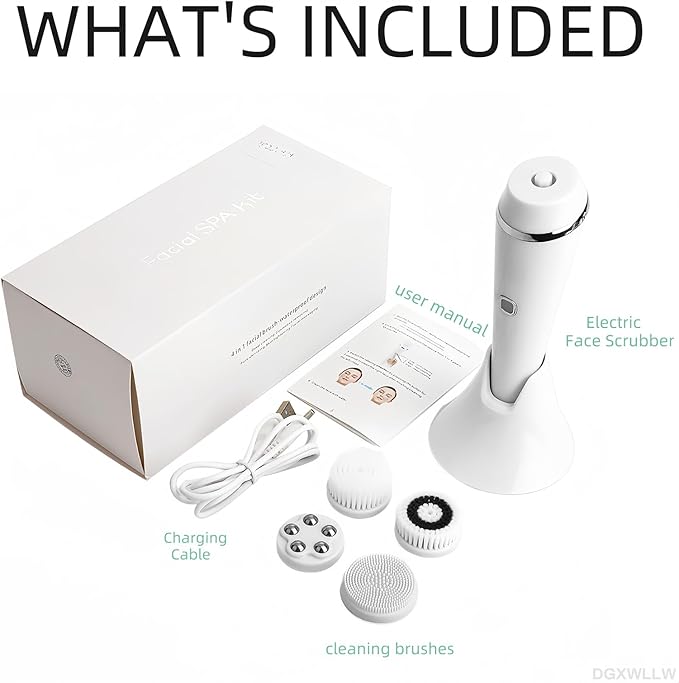 Facial Cleansing Brush Rechargeable, Electric Face Scrubber for Deep Cleansing, Exfoliating, Face Massaging, 3 Speeds Adjustable Water Resistant Face Brush Cleanser with 4 Brush Heads White