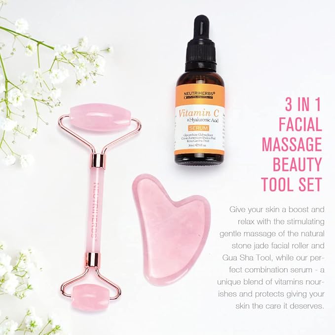 Neutriherbs Jade Gua Sha & Face Roller & Vitamin C Serum Facial Tool Set(3 in 1 Kit), Home Face Massager for Wrinkle,Fine Line,Puffiness,Firm Smooth Relax Skin - Pink