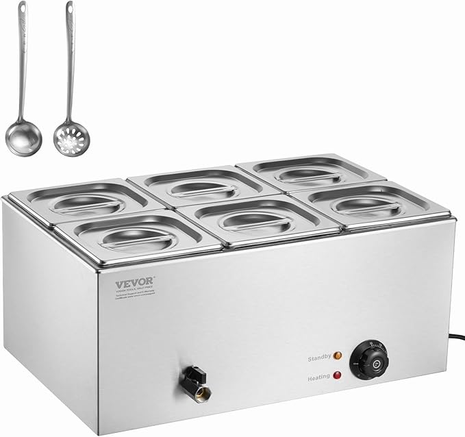 VEVOR 6-Pan Commercial Food Warmer, 14.3QT Electric Steam Table, 1200W Professional Countertop Stainless Steel Buffet Bain Marie with 86-185°F Temp Control for Catering and Restaurants, Silver