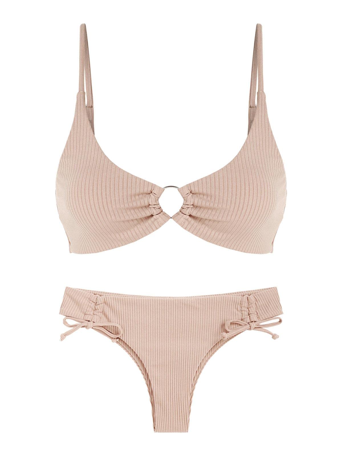 ZAFUL Women's Ribbed O Ring Cinched Tie Side Bikini Set