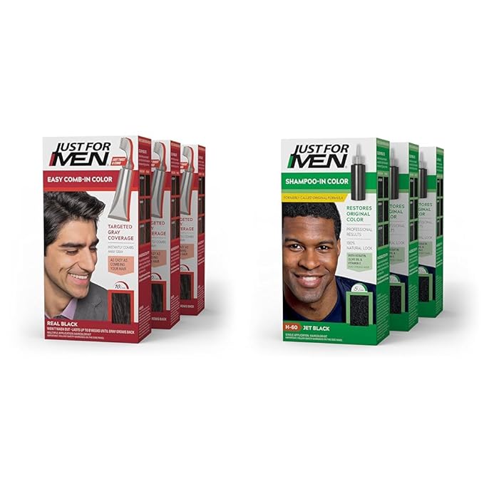 Just For Men Easy Comb-In Color Mens Hair Dye & Shampoo-In Color (Formerly Original Formula), Mens Hair Color with Keratin and Vitamin E for Stronger Hair - Jet Black, H-60, Pack of 3