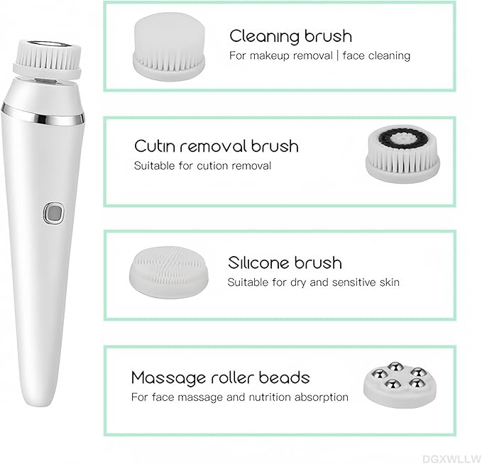 Facial Cleansing Brush Rechargeable, Electric Face Scrubber for Deep Cleansing, Exfoliating, Face Massaging, 3 Speeds Adjustable Water Resistant Face Brush Cleanser with 4 Brush Heads White
