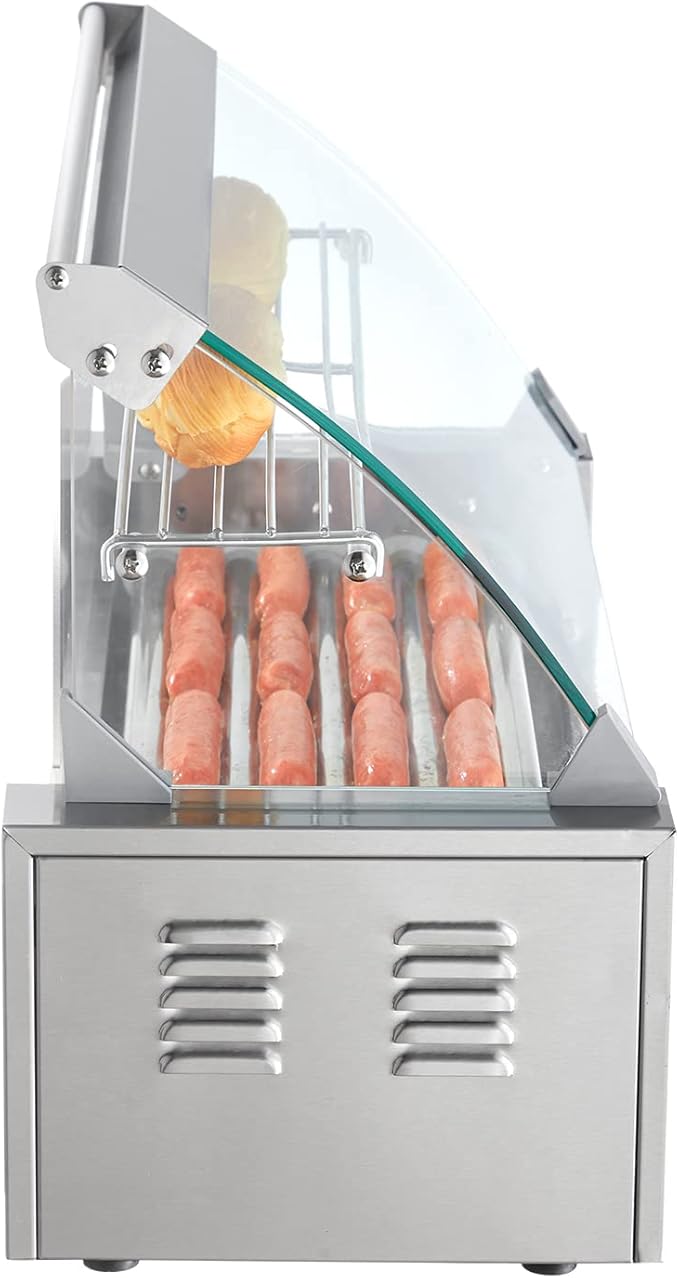 VEVOR Hot Dog Roller 5 Rollers 12 Hot Dogs Capacity, 750W Stainless Sausage Grill Cooker Machine with Dual Temp Control Glass Hood Acrylic Cover Bun Warmer Shelf Removable Oil Drip Tray ETL Certified