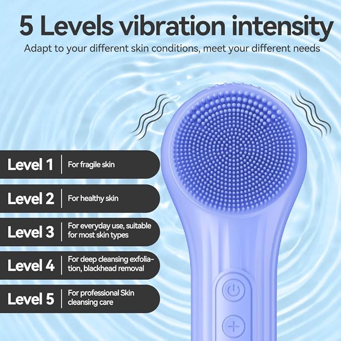 Facial Cleansing Brush, Silicone Face Scrubber with Heat and Vibration 5 Speeds, Waterproof Rechargeable Electric Face Scrub Brush for Men & Women, Deep Cleansing, Exfoliating and Massage (Blue)