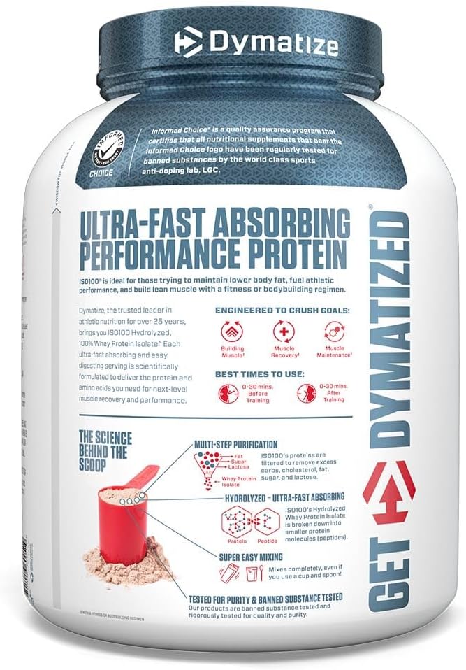 Dymatize ISO100 Whey Protein Powder Isolate, Gourmet Chocolate, 25g of Protein, 5 Pound, 5.5g BCAAs, Less Than 120 Cal., Gluten Free, 1g Fat, 1g Sugar, 2g Carb