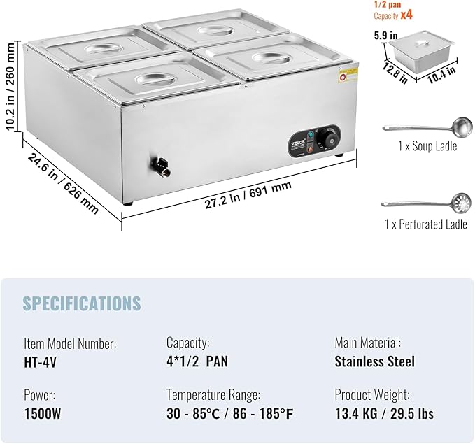 VEVOR 110V 4-Pan Commercial Food Warmer, 1200W Electric Steam Table 15cm/6inch Deep, Professional Stainless Steel Buffet Bain Marie 48 Quart for Catering and Restaurants