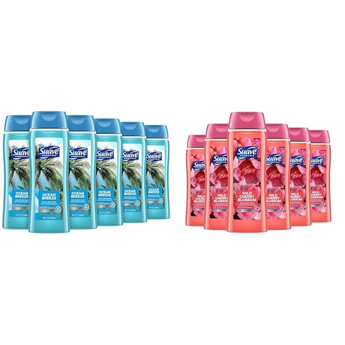 Suave Moisturizing Body Wash, with Ocean Breeze Scent and Vitamin E Extract & Moisturizing Body Wash, with Wild Cherry Blossom and Vitamin E Extract, No Parabens, No Phtahaltes