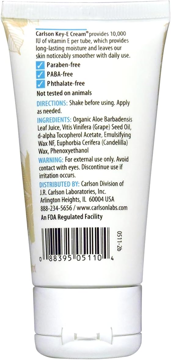 Carlson - Key-E Hand & Body Cream, Vitamin E & Organic Aloe, 10000 IU Vitamin E, Fragrance-Free, 2 oz