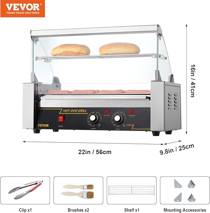 VEVOR Hot Dog Roller 5 Rollers 12 Hot Dogs Capacity, 750W Stainless Sausage Grill Cooker Machine with Dual Temp Control Glass Hood Acrylic Cover Bun Warmer Shelf Removable Oil Drip Tray ETL Certified