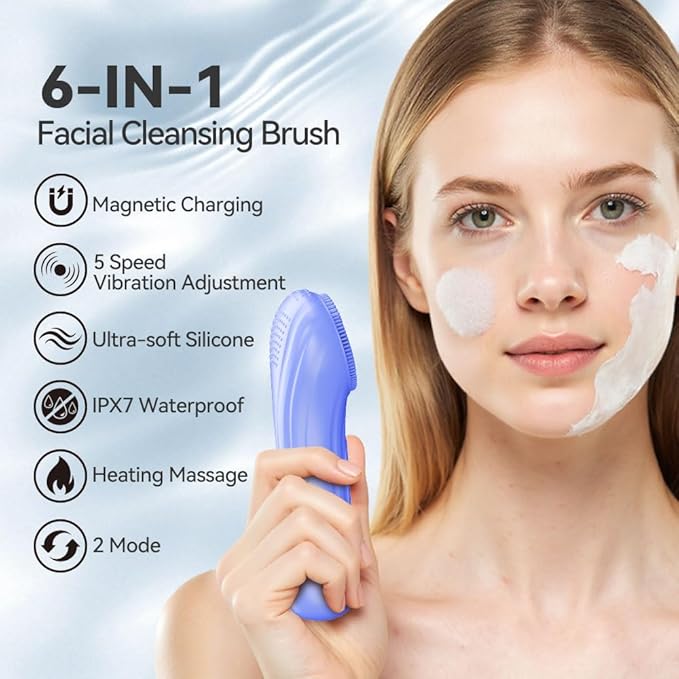 Facial Cleansing Brush, Silicone Face Scrubber with Heat and Vibration 5 Speeds, Waterproof Rechargeable Electric Face Scrub Brush for Men & Women, Deep Cleansing, Exfoliating and Massage (Blue)