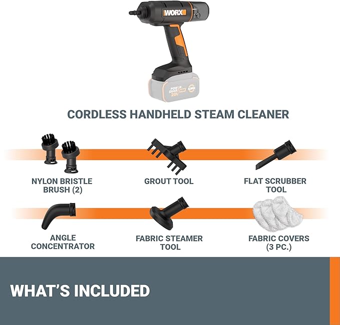 Worx 20V SteamStorm Cordless Handheld Steam Cleaner w/Accessories, Steamer for Cleaning 220°F 8-Second Preheat, Lightweight Portable Steamer for Home Car – Tool Only