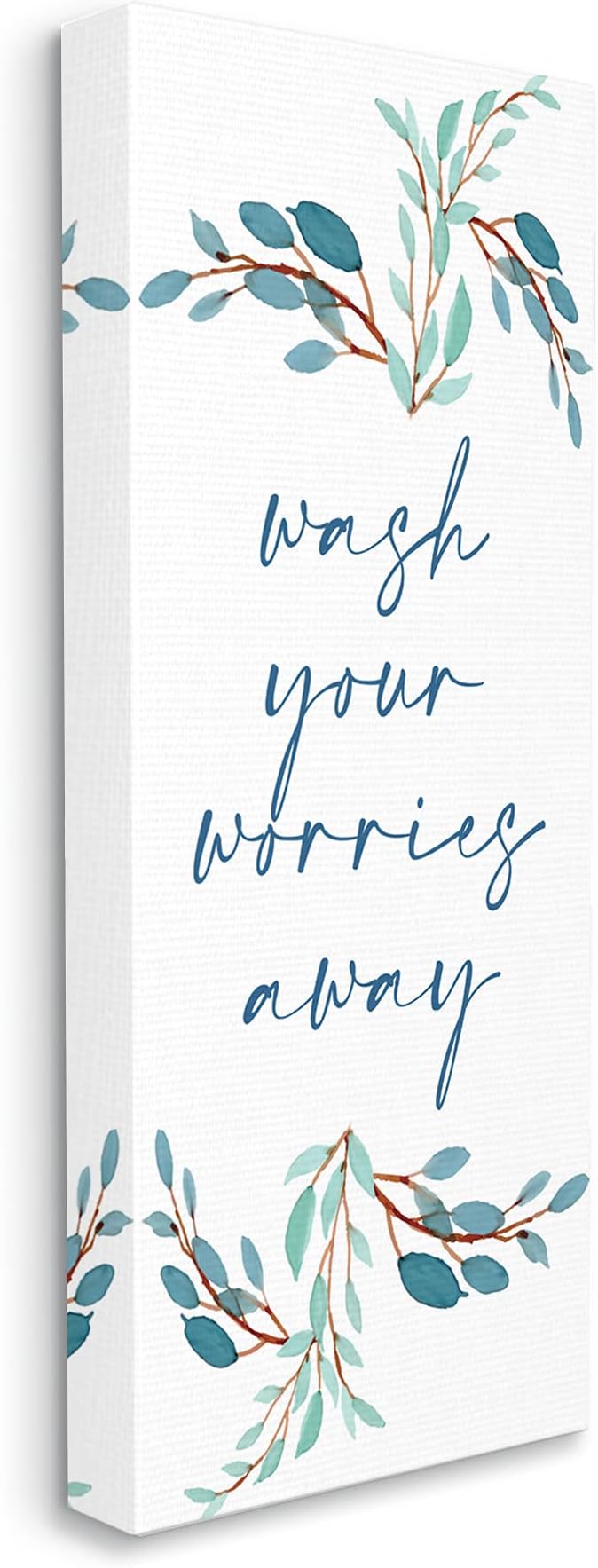 Stupell Industries Wash Your Worries Away Bathroom Phrase Blue Plants, Designed by Kim Allen Canvas Wall Art, 10 x 24