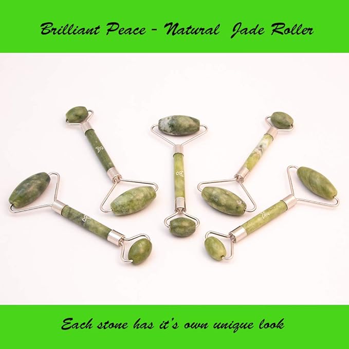 Jade Roller by BRILLIANT PEACE in beautiful Gift Box - relax and beautify with 100% genuine Jade stone facial massager beauty tool for eyes face and neck while rejuvenating skin and promoting wellness