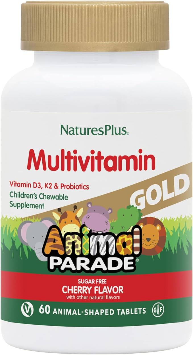 NaturesPlus Animal Parade Gold Multivitamin Children’s Chewables - Cherry Flavor - 60 Chewable Animal-Shaped Tablets - with Vitamin D3, K2 & Probiotics - 30 Servings