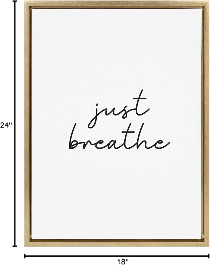 Kate and Laurel Sylvie Just Breathe Black and White Framed Canvas Wall Art by The Creative Bunch Studio, 18x24 Gold, Simple Motivational Art, Self Care Wall Décor