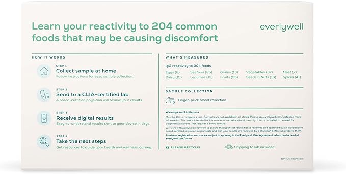 Everlywell Food Sensitivity Comprehensive Test - Learn How Your Body Responds to 204 Different Foods - at-Home Collection Kit - CLIA-Certified Labs - Ages 18+
