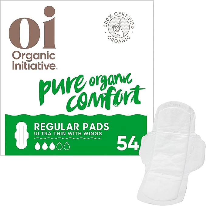 Oi | Organic Initiative - Ultra-Thin Pads with Wings | 100% Certified Organic Cotton, Unscented | Leak Free, Biodegradable | Non-GMO, Toxin Free (Regular, 54, Count)